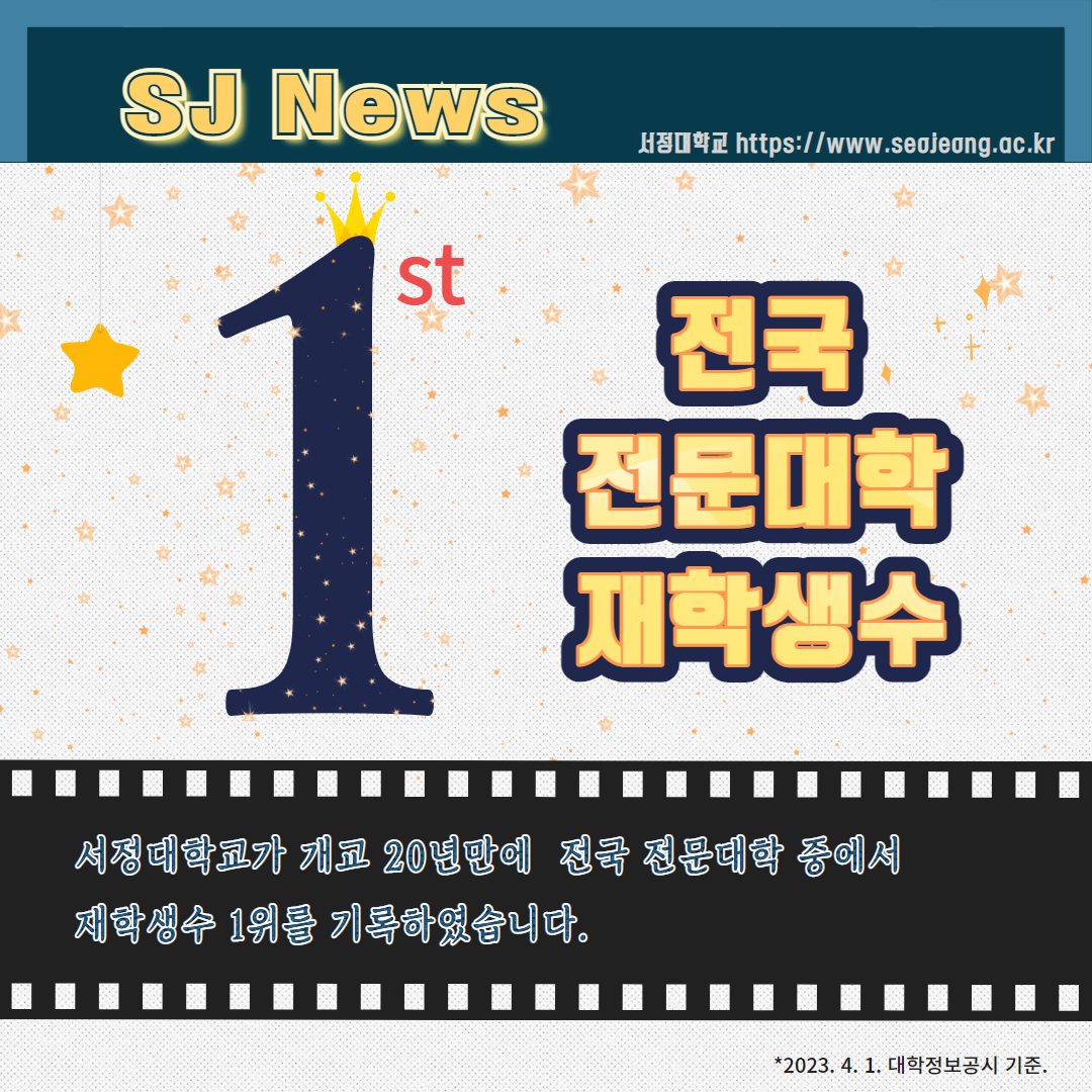 2023년 4월 1일자 정보공시에 의하면 서정대학교는 재학생수 7,264명으로  전국 전문대학 중에서 1위를 기록하였다.   "힘을 기르자" 서정대학교는 앞으로 더욱 힘차게 나아갈 것이다. 