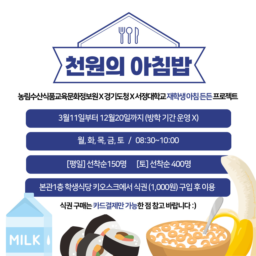 하루가 든든한 천원의 아침밥 기간2024년 3월11일~12월20일(방학 미운영) 대상 서정대 재학생이라면 누구나 시간 월, 화, 목, 금, 토 8시 30분~10시(선착순 150명, 단 토요일 400명) 이용 방법 본관 1층 학생식당에서 키오스크로 식권구입 후 이용단, 1일 1구매, 날짜가 지난 식권 사용 불가 카드결제만 가능)