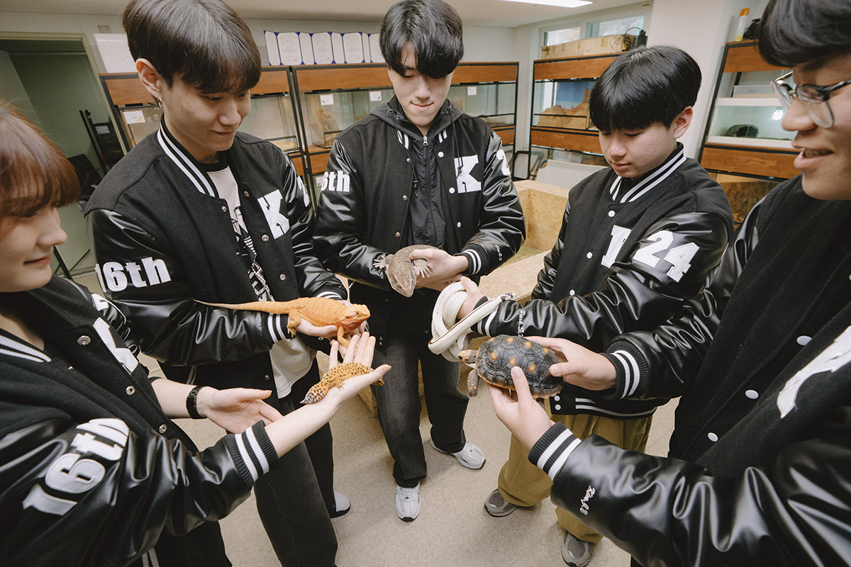 새, 거북이, 뱀 등 동물을 들고 있는 사진